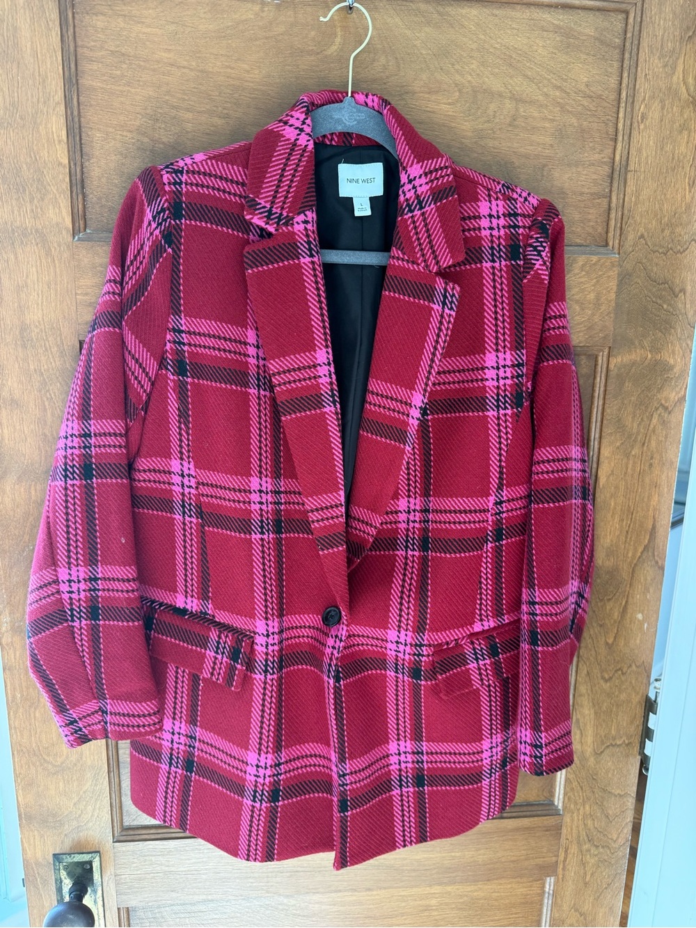 Nine West Red and Pink Plaid Single-Button Blazer